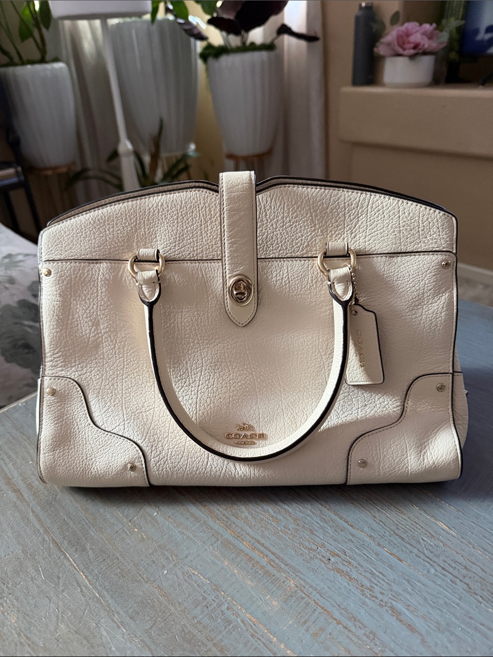 Coach Cream Pebbled Leather Satchel with Gold Hardware